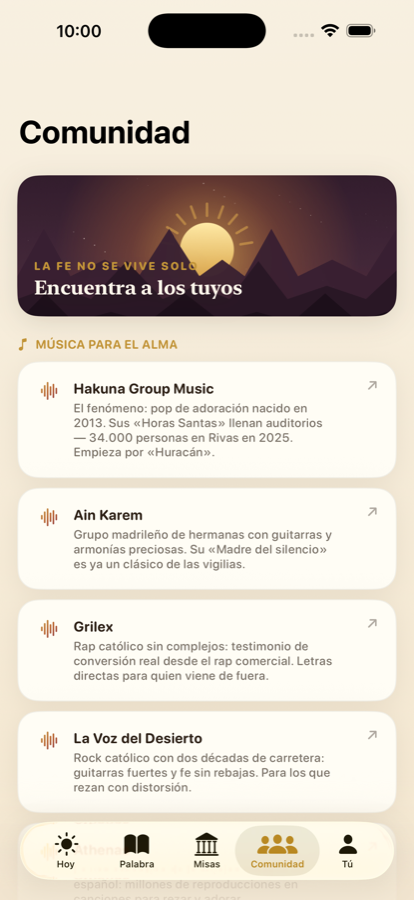 Pestaña Comunidad: música católica joven y movimientos